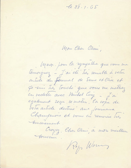 Roger WORMS (1907-1880), peintre 3 lettres à Auber poète Falmmes vives