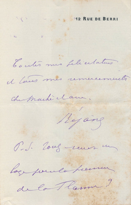 RÉJANE théâtre actrice lettre autographe signée place pour La Flamme Niccodemi