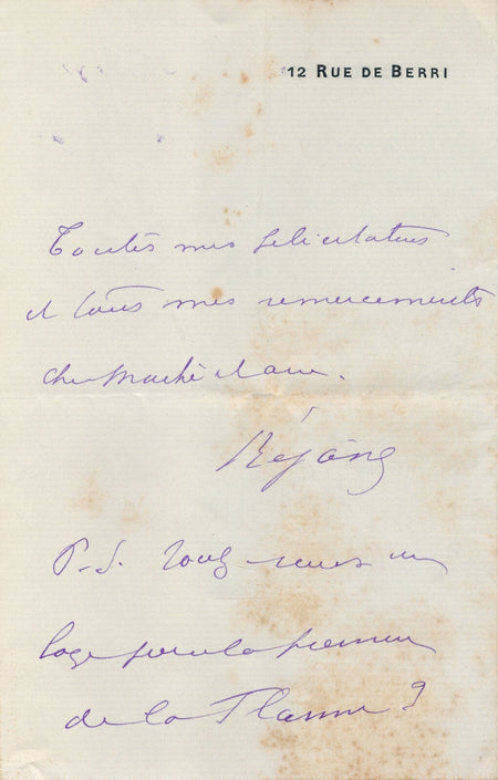 RÉJANE théâtre actrice lettre autographe signée place pour La Flamme Niccodemi