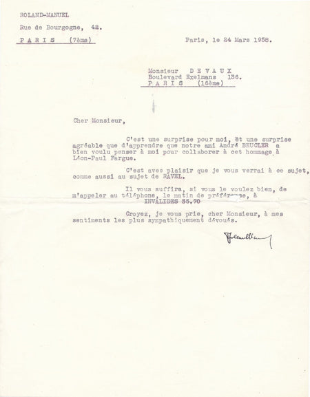 ROLAND-MANUEL lettre signée hommage à Léon Paul Fargue musique