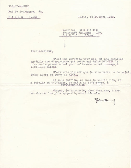 ROLAND-MANUEL lettre signée hommage à Léon Paul Fargue musique