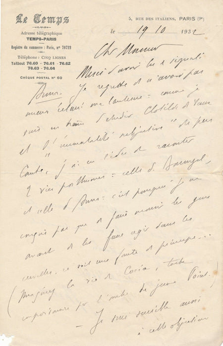 écrivain André THÉRIVE lettre autographe signée sur son roman Anna