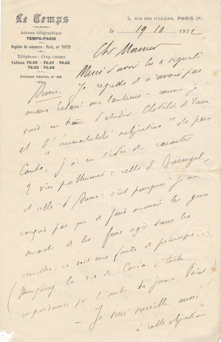écrivain André THÉRIVE lettre autographe signée sur son roman Anna
