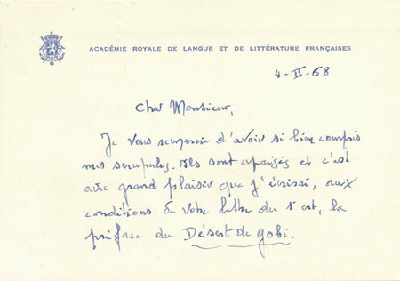 Carlo BRONNE lettre autographe signé préface désert de Gobi 1968 belgique