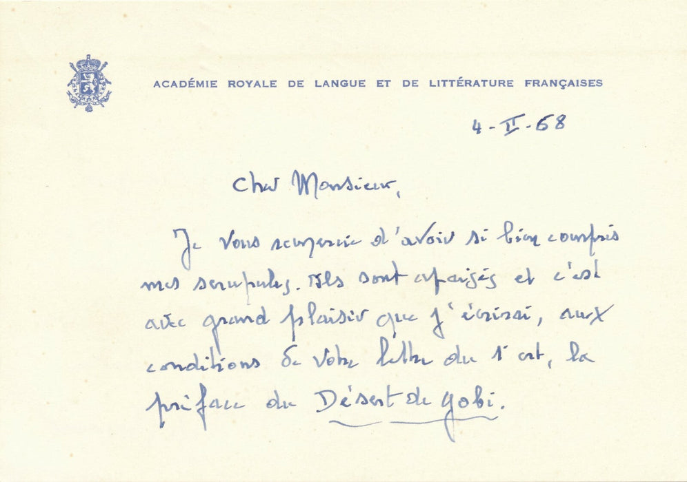 Carlo BRONNE lettre autographe signé préface désert de Gobi 1968 belgique