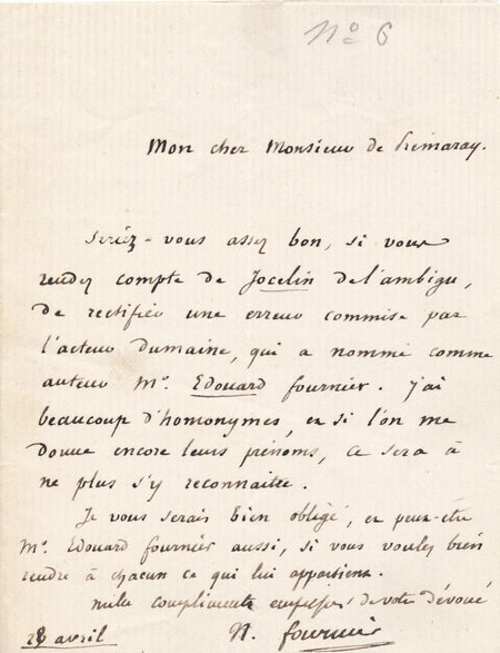Théâtre Narcisse FOURNIER demande rectification erreur  J. de Prémaray lettre