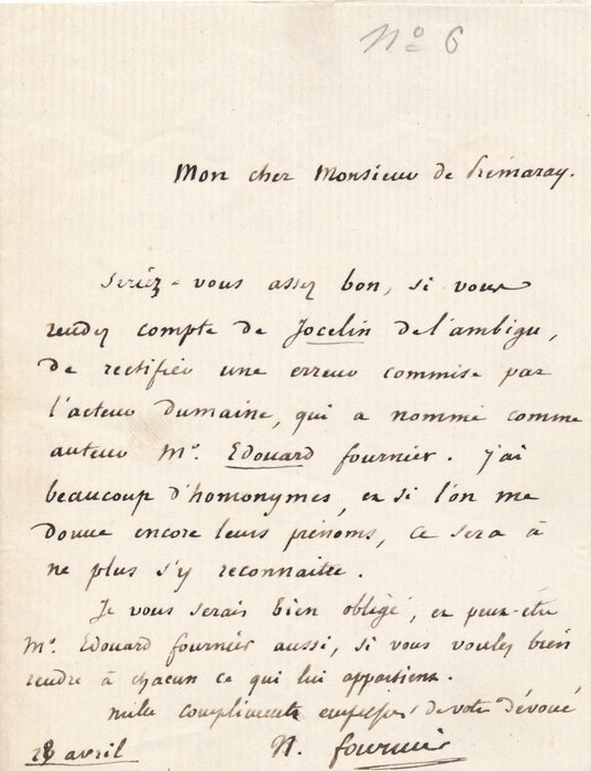 Théâtre Narcisse FOURNIER demande rectification erreur  J. de Prémaray lettre