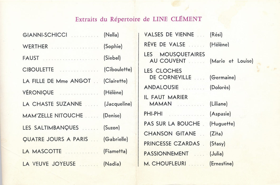 Line CLEMENT artiste lyrique opéra opérette photo photographie et fascicule