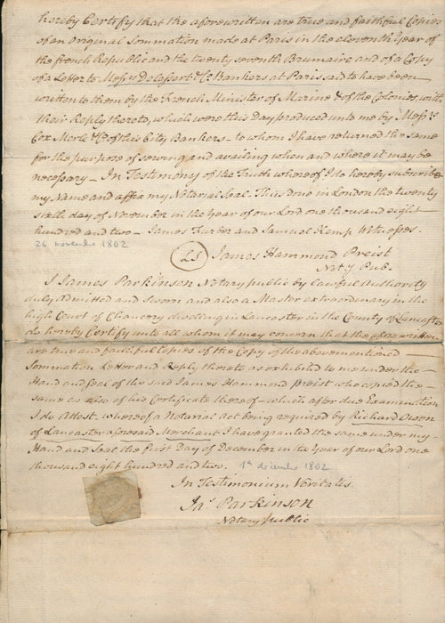 Acte d’huissier (1802) banque delessert Ministre guerre traites Guadeloupe 