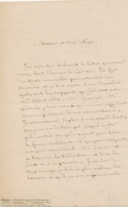 BRISSEAU de MIRBEL botaniste Lettre autographe signée erreur sur la personne