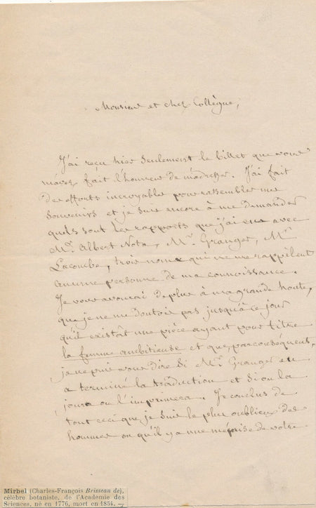 BRISSEAU de MIRBEL botaniste Lettre autographe signée erreur sur la personne