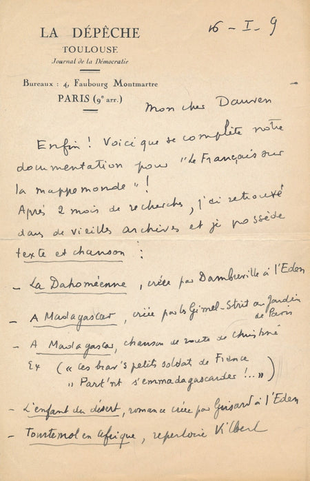 Roger DÉVIGNE 3 intéressantes lettres sur la redécouverte chanson française 1938