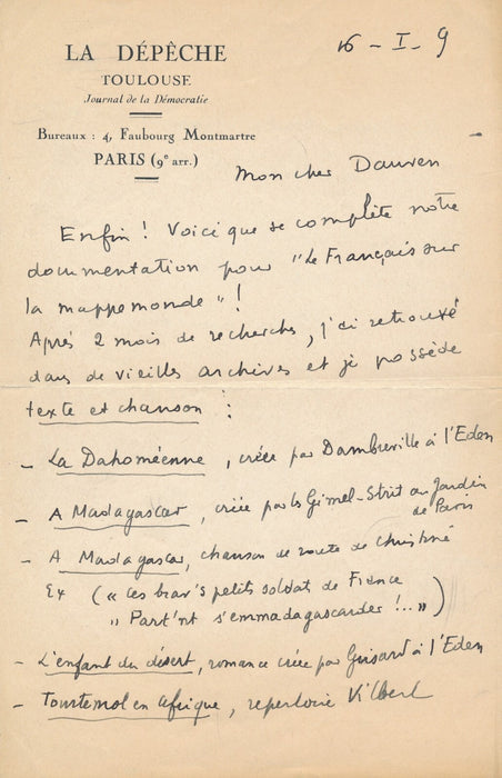 Roger DÉVIGNE 3 intéressantes lettres sur la redécouverte chanson française 1938
