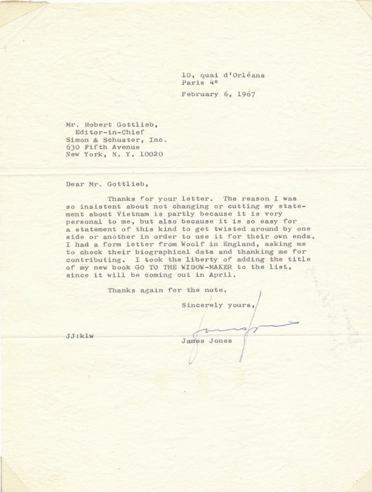 James JONES lettre signée livre Go to the Widow-Maker et sur le Vietnam