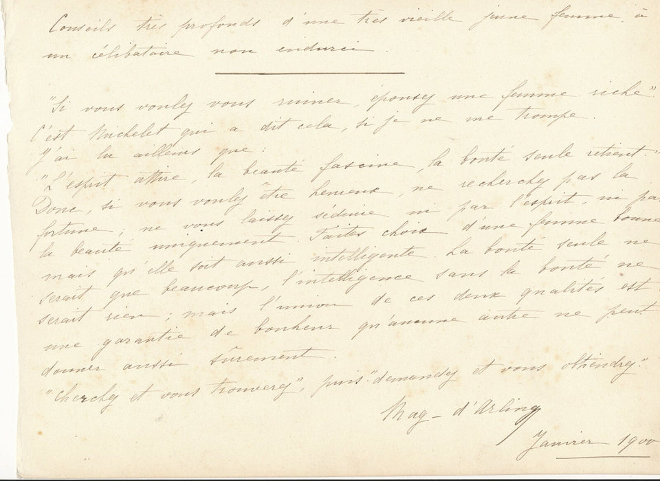 Mag d Arling manuscrit autographe signé sur célibataire non endurci !