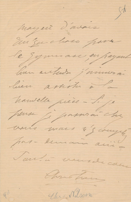 Suède Christine NILSSON lettre autographe signée chanteuse opéra sa chérie