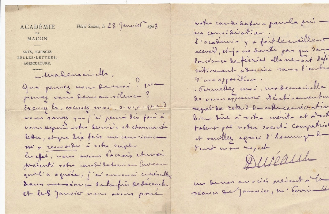 Armand Duréault Mâcon Académie Correspondance 4 lettres femme féminisme Blanchet