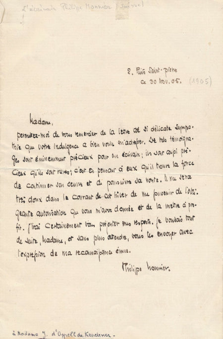 Philippe MONNIER écrivain suisse lettre autographe signée J. de Krüdener