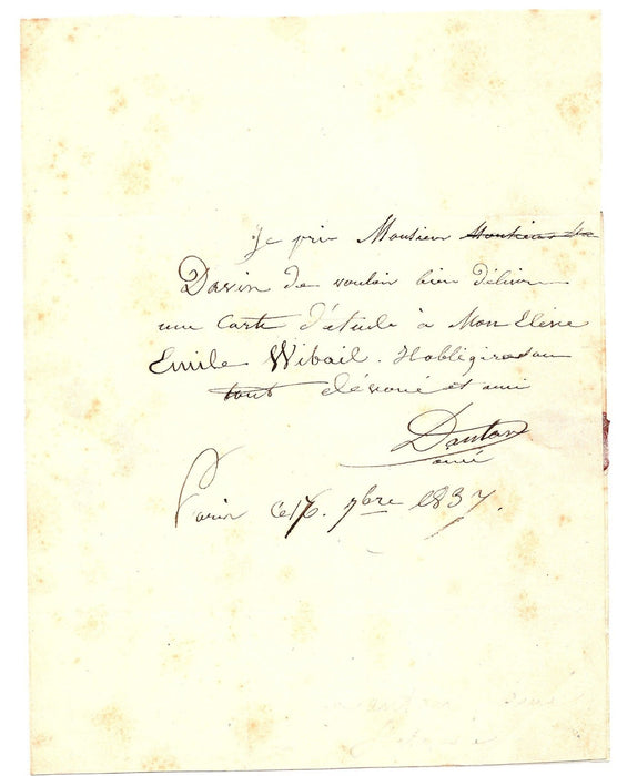 DANTAN aîné élève Gabriel Émile WIBAILLE 2 lettres autographes signées 1837