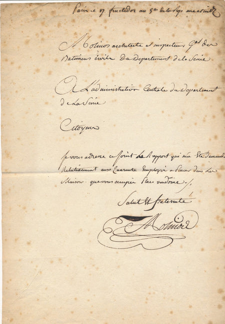 Jacques MOLINOS lettre autographe signé 1797 place Vendôme
