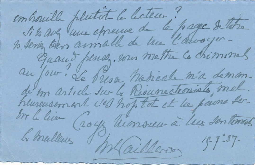 écrivain Marie-Louise PAILLERON 4 documents autographe signé résurrectionnistes