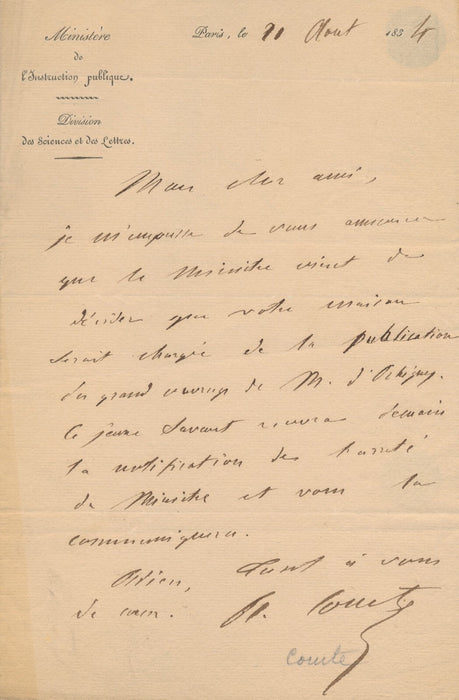 Achille COMTE 2 lettres autographes à Charles Pitois éditeur ouvrage d’Orbigny