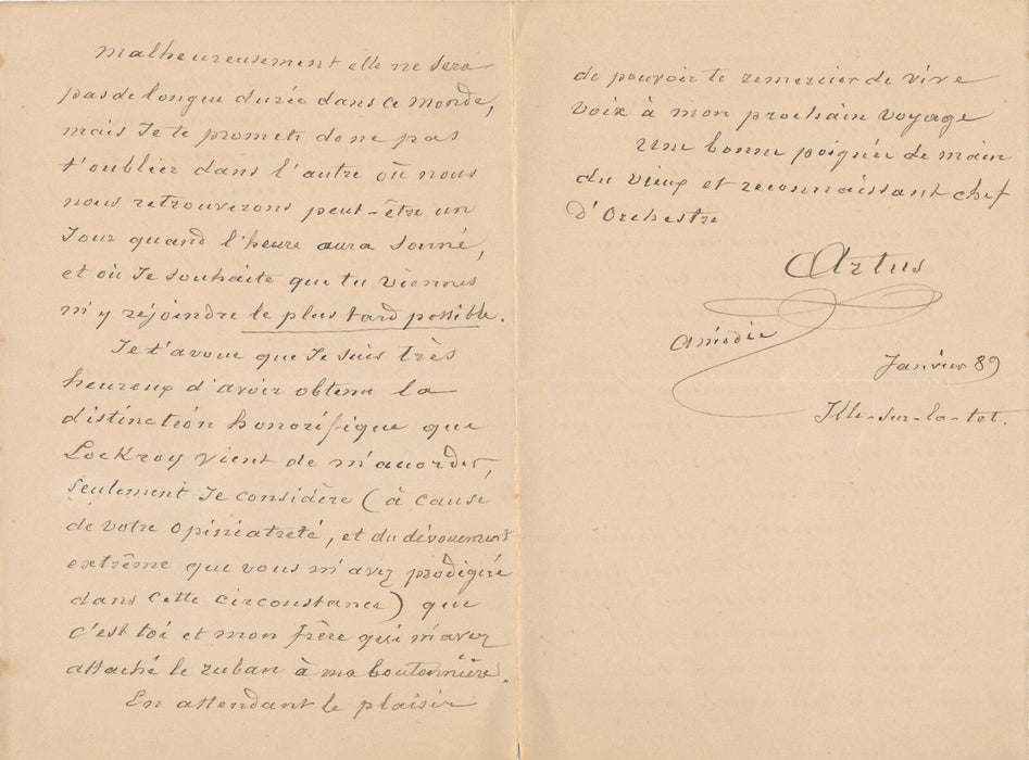 Amédée ARTUS chef orchestre compositeur Lettre autographe signée à F. Febvre
