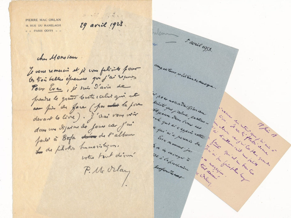 écrivain Mac Orlan 2 lettres autographes signées 1 carte Willemetz Taponier Bofa