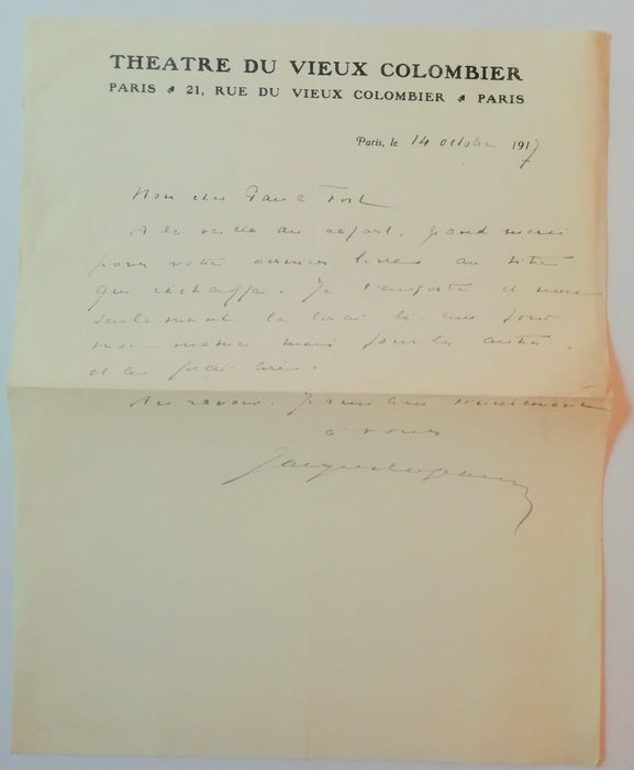 Jacques Copeau lettre autographe signée à Paul Fort  lecture Vieux Colombier