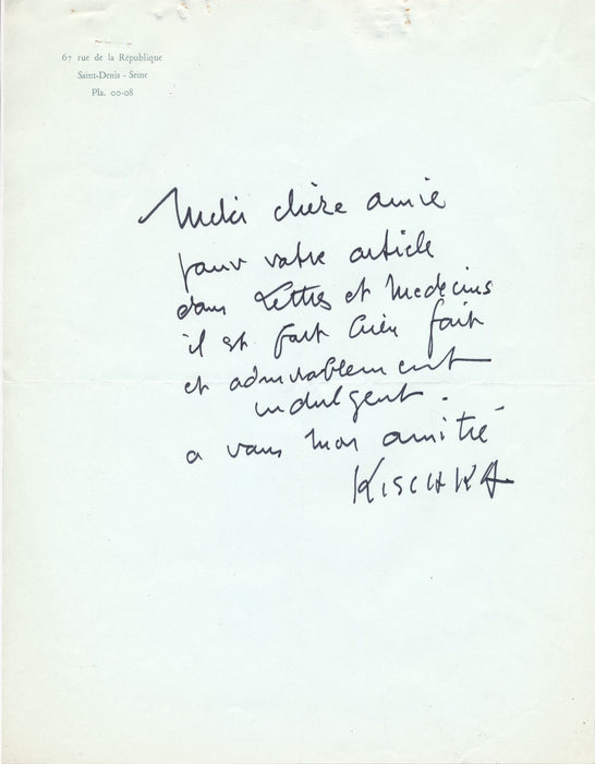 Isis KISCHKA remercie pour un article lettre autographe signée