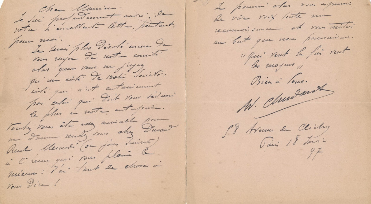 Peintre Adolphe Chudant lettre autographe ET carte visite Jourdain Durand Ruel