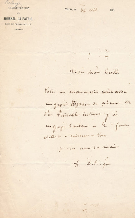Henri DELAAGE lettre autographe signée envoi d'un beau manuscrit à DENTU