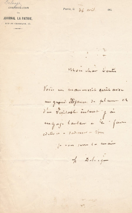 Henri DELAAGE lettre autographe signée envoi d'un beau manuscrit à DENTU