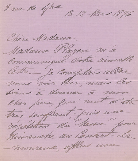 cantatrice Jenny PASSAMA lettre autographe signée répétition Messie frère malade