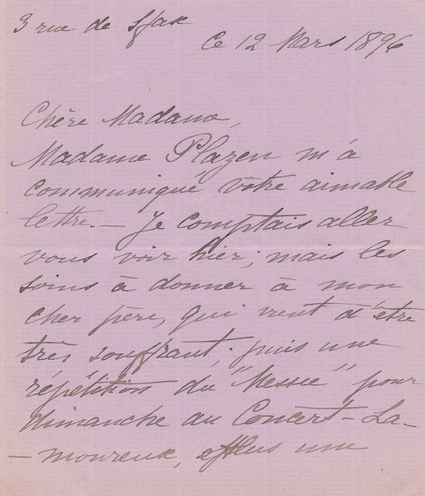 cantatrice Jenny PASSAMA lettre autographe signée répétition Messie frère malade