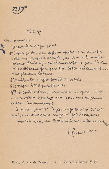 Raymond QUENEAU les étapes se faire éditer Gaston Gallimard lettre autographe