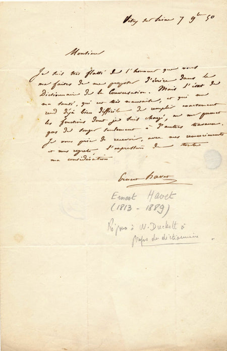 Ernest Havet lettre autographe signée Duckett Dictionnaire Conversation lettre