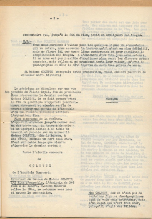 Cinéma Roger Dallier manuscrit signé 15 pages sur les chats Colette non réalisé