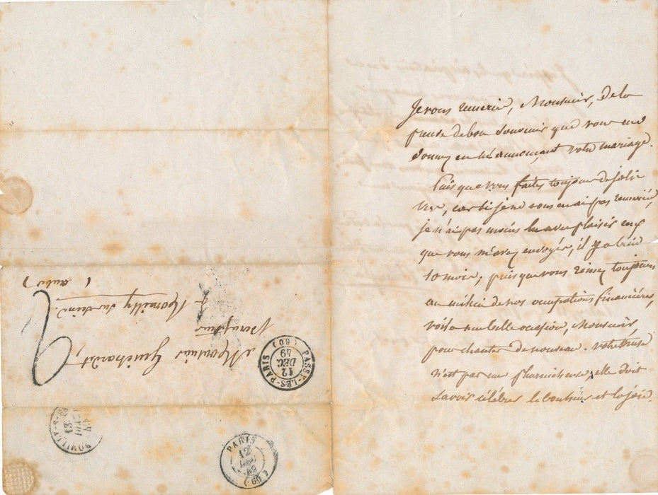 Musique Pierre-Jean BÉRANGER Lettre autographe signée adressée mariage musique