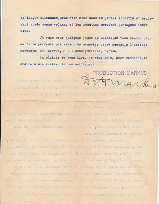 Dr S. Markus producteur films Zurich 2 lettres signées adaptation film Champsaur