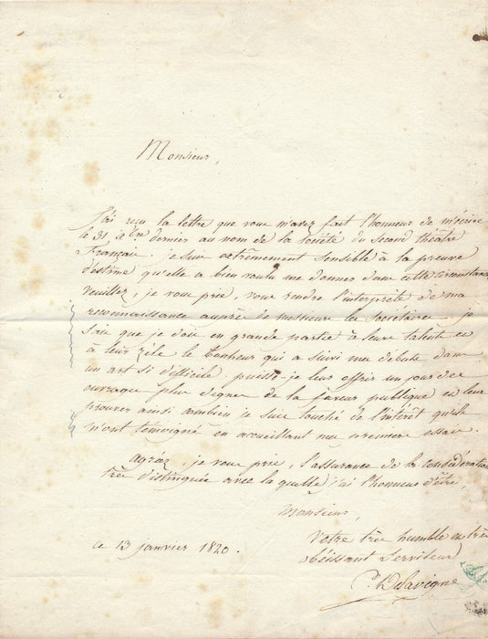 Casimir DELAVIGNE est reconnaissant Société du Second Théâtre français lettre