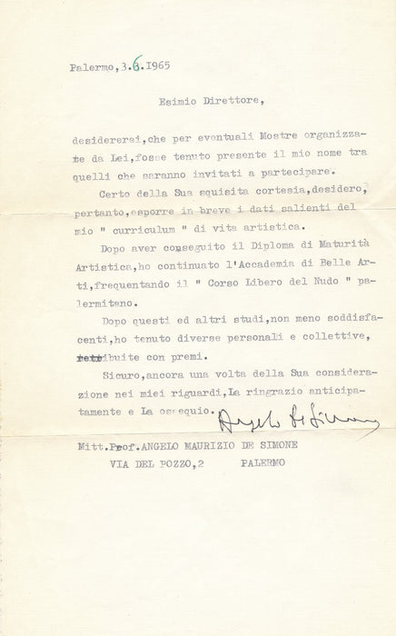 Angelo Maurizio DE SIMONE lettre signée il démarche une galerie