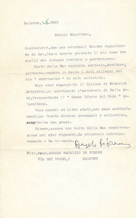 Angelo Maurizio DE SIMONE lettre signée il démarche une galerie