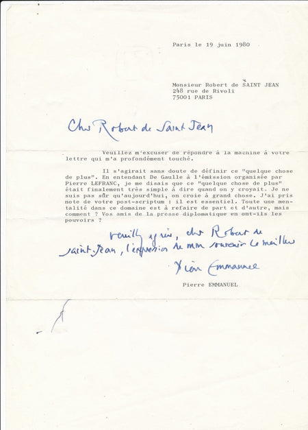 Pierre EMMANUEL (1916-1984), poète lettre tapuscrite signée Robert de SAINT-JEAN