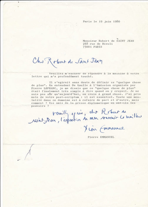 Pierre EMMANUEL (1916-1984), poète lettre tapuscrite signée Robert de SAINT-JEAN