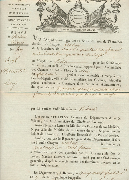 Ille-et-Vilaine 3 lettres signées paiement armée seigle Alexis LE GRAVEREND 1798