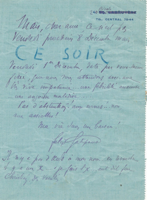 Félix GALIPAUX lettre autographe signée humour pas d'abstention aux assiettes !