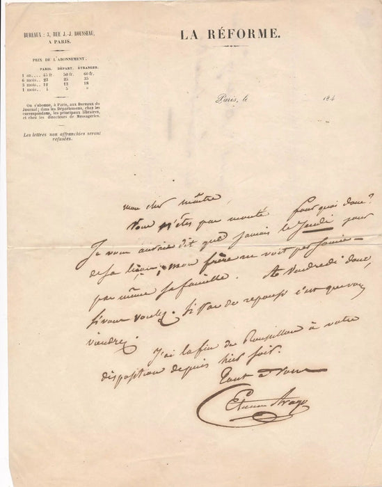 bel ensemble Etienne ARAGO 3 lettres autographes à Aristide Guilbert La Réforme