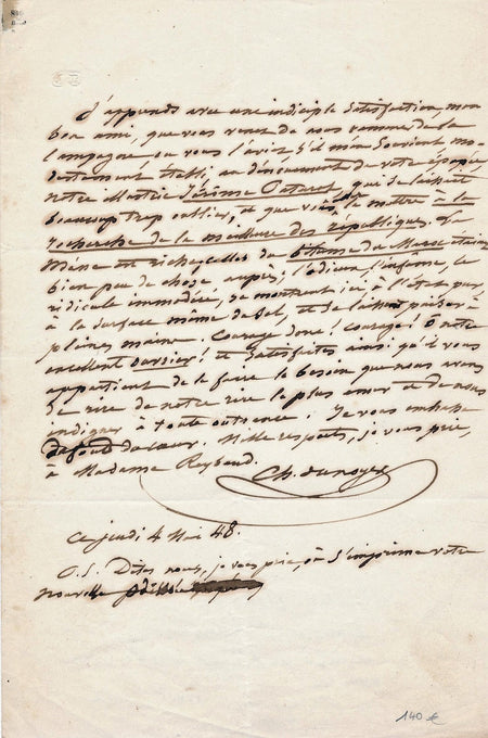 Charles DUNOYER lettre autographe signée Jérôme Paturot Louis REYBAUD