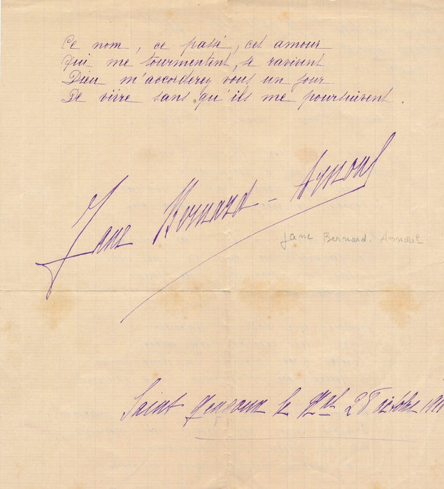 Poésie Jane Bernard-Arnoux poème autographe signé Nathalie Blanchet St Gengoux 